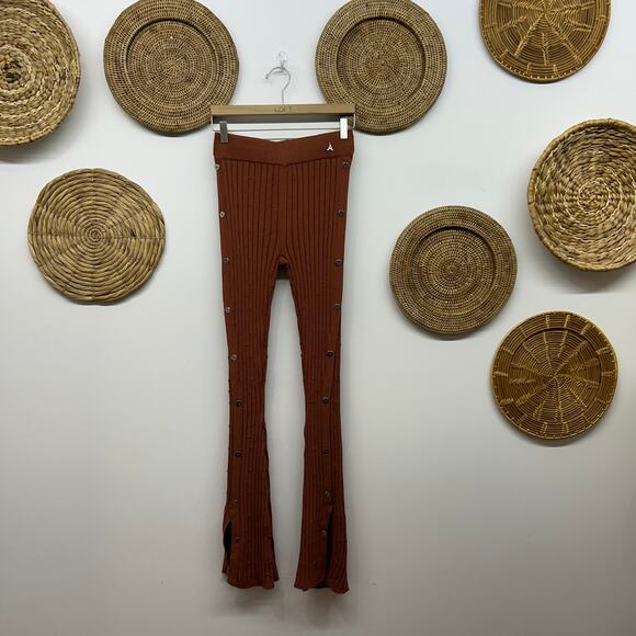 Maniere De Voir Ribbed Knit Pants Small Button Slit Elastic Waist Flare - Picture 2 of 8